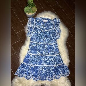 House of Harlow 1960 Melba blue floral ruffle button down dress Sz Medium